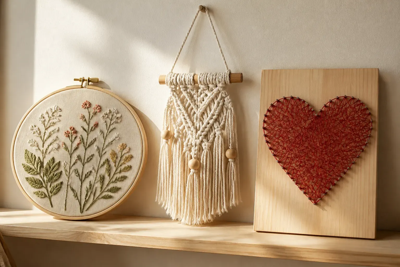 Créations terminées de nos kits : broderie encadrée, suspension en macramé et tableau en fil tendu