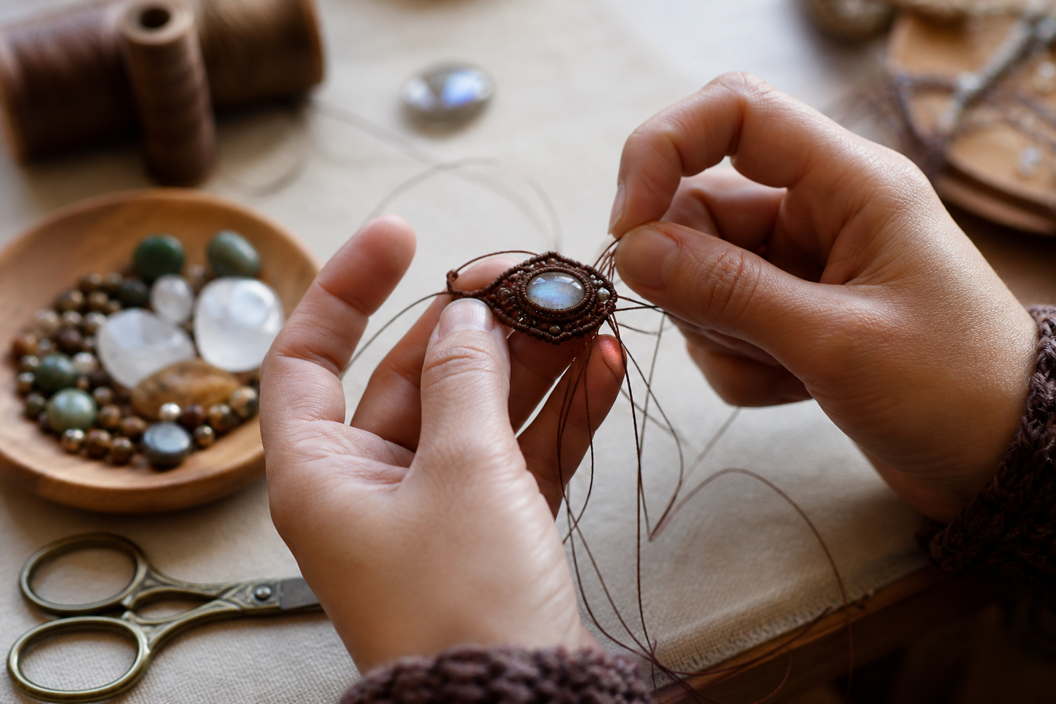 Un bijou en macramé réussit lorsque le fil épouse bien la pierre