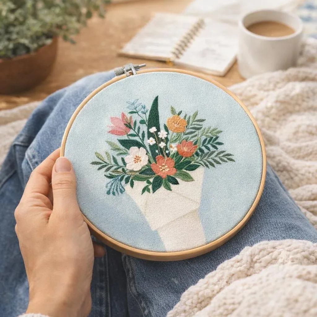 Kit broderie bouquet floral avec tambour 20 cm