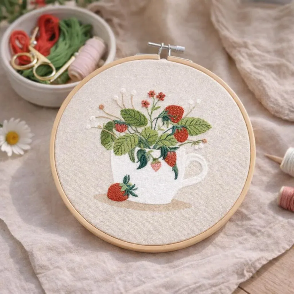 Kit broderie Fraise des bois tambour 20 cm