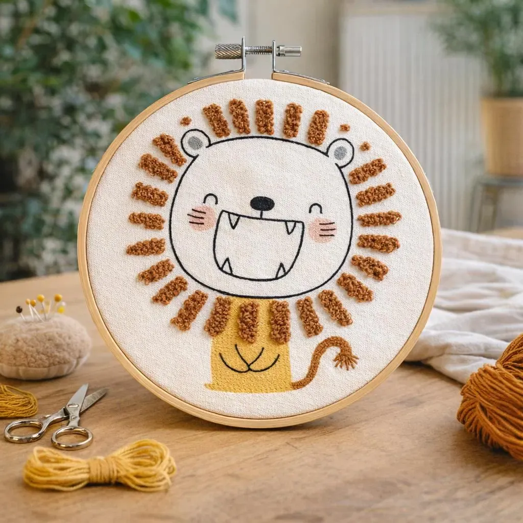 Kit broderie enfant lion sur toile pré-imprimée