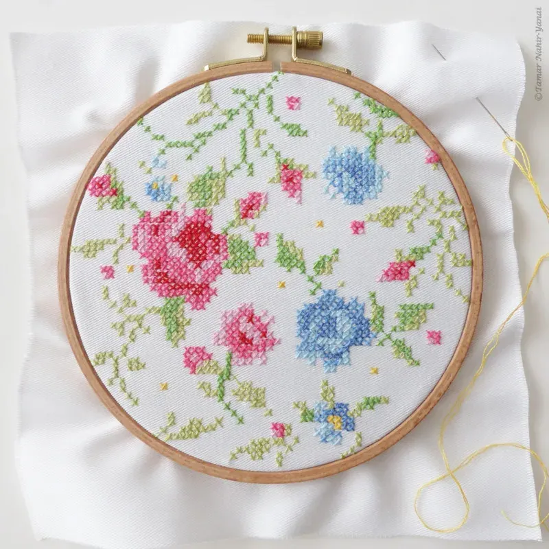 Kit broderie roses bleues et roses, 21 x 21 cm : vue 1