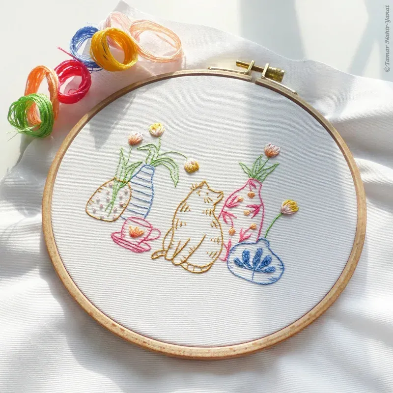 Kit broderie tulipes et chat Tamar Ny, 21 x 21 cm : vue 1