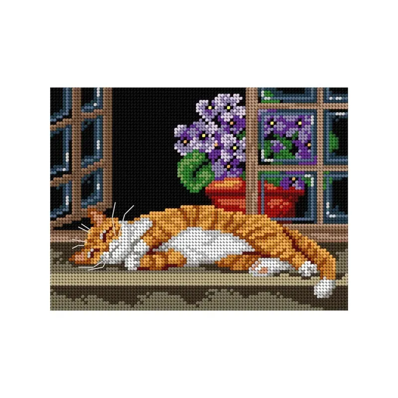 Kit canevas chat endormi à la fenêtre, 18 x 24 cm : vue 1
