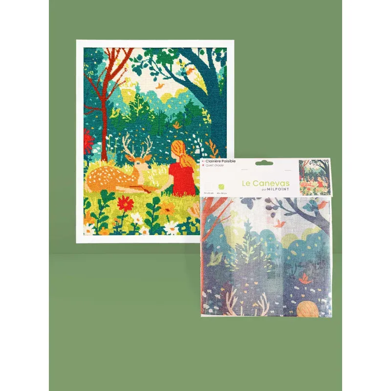 Kit canevas Clairière paisible, jeune fille et biche : vue 1