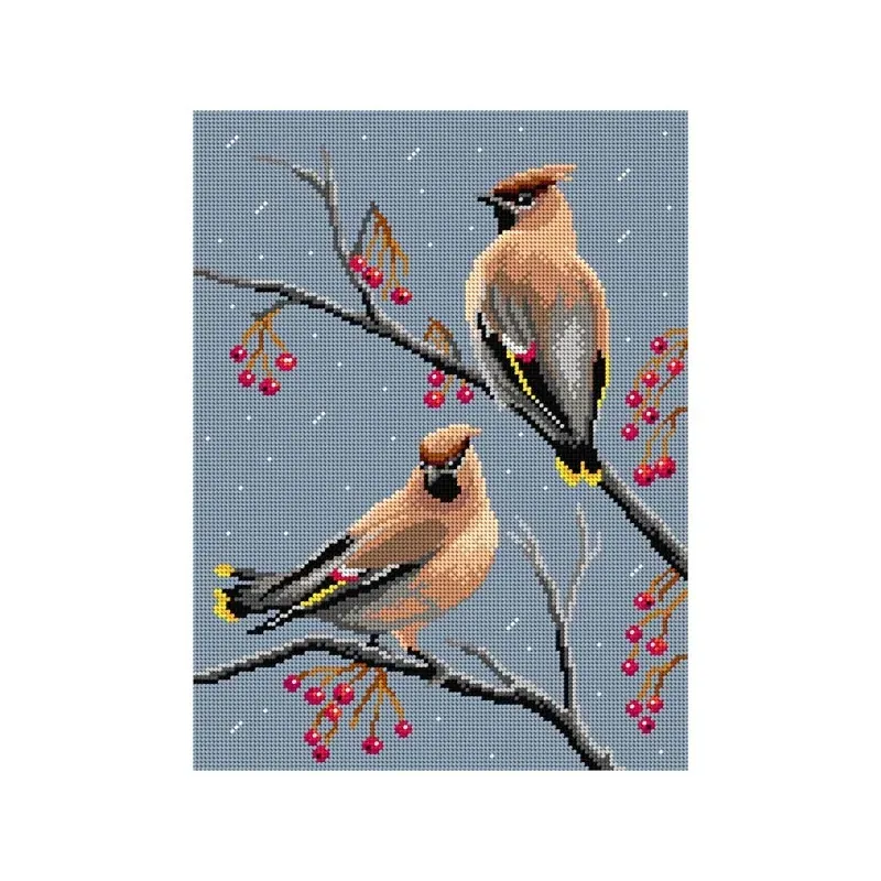 Kit canevas oiseaux waxwings sur toile blanche, 30 x 40 cm : vue 1