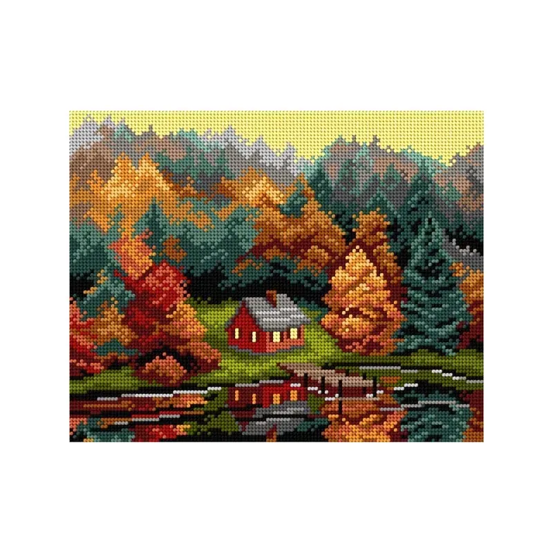 Kit canevas paysage d’automne sur toile blanche, 30 x 40 cm : vue 1