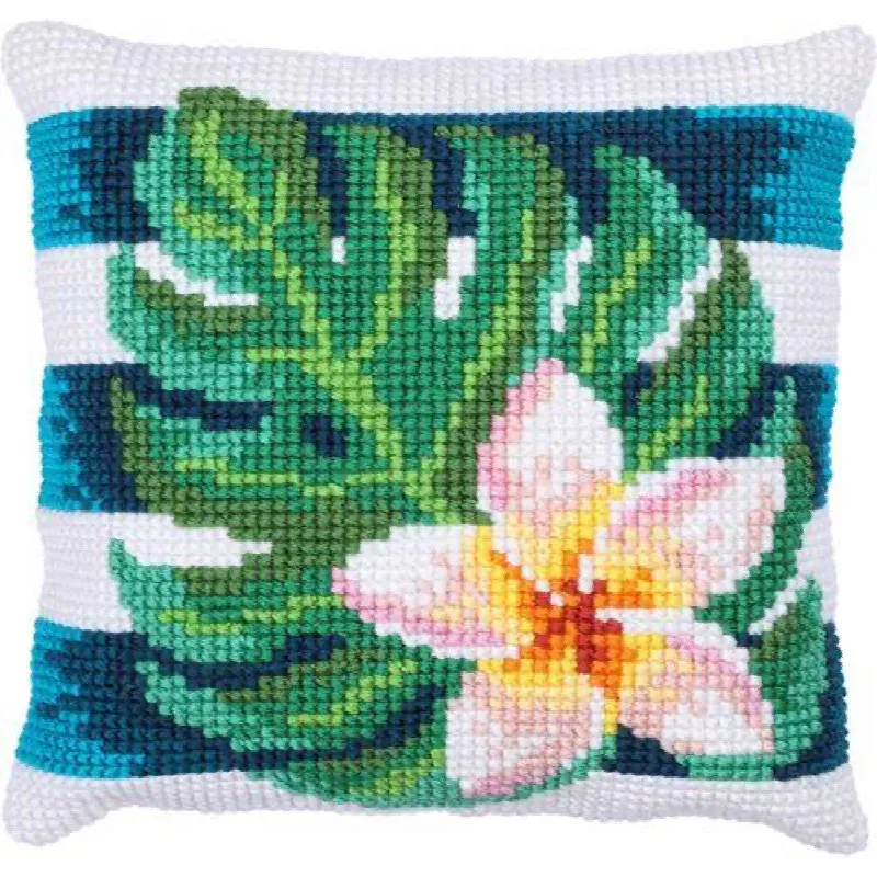 Kit coussin point de croix fleur de frangipanier, 40 x 40 cm