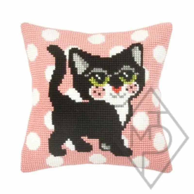 Kit coussin point de croix petit chat aux pois, 40 x 40 cm