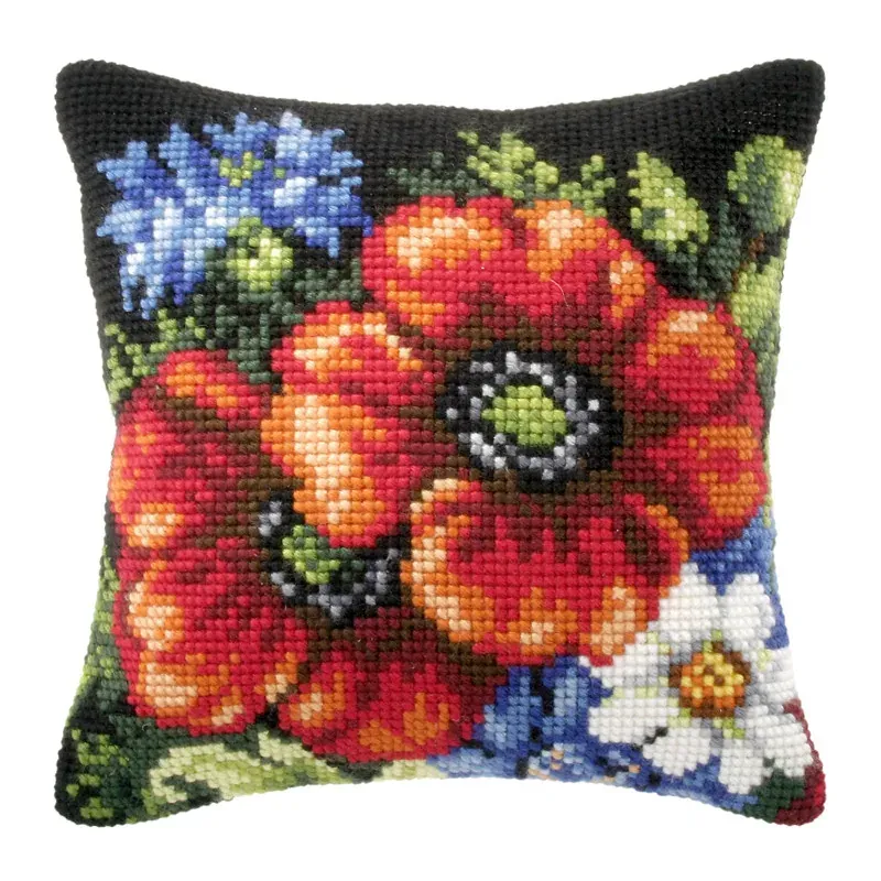 Kit coussin point de croix coquelicots et bleuets