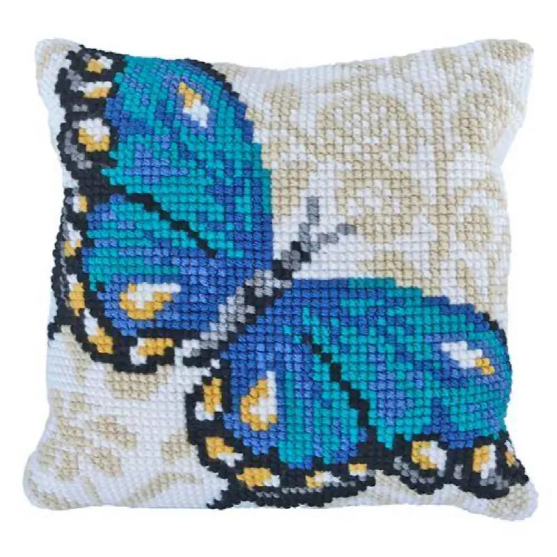 Kit coussin point de croix papillon bleu, 40 x 40 cm