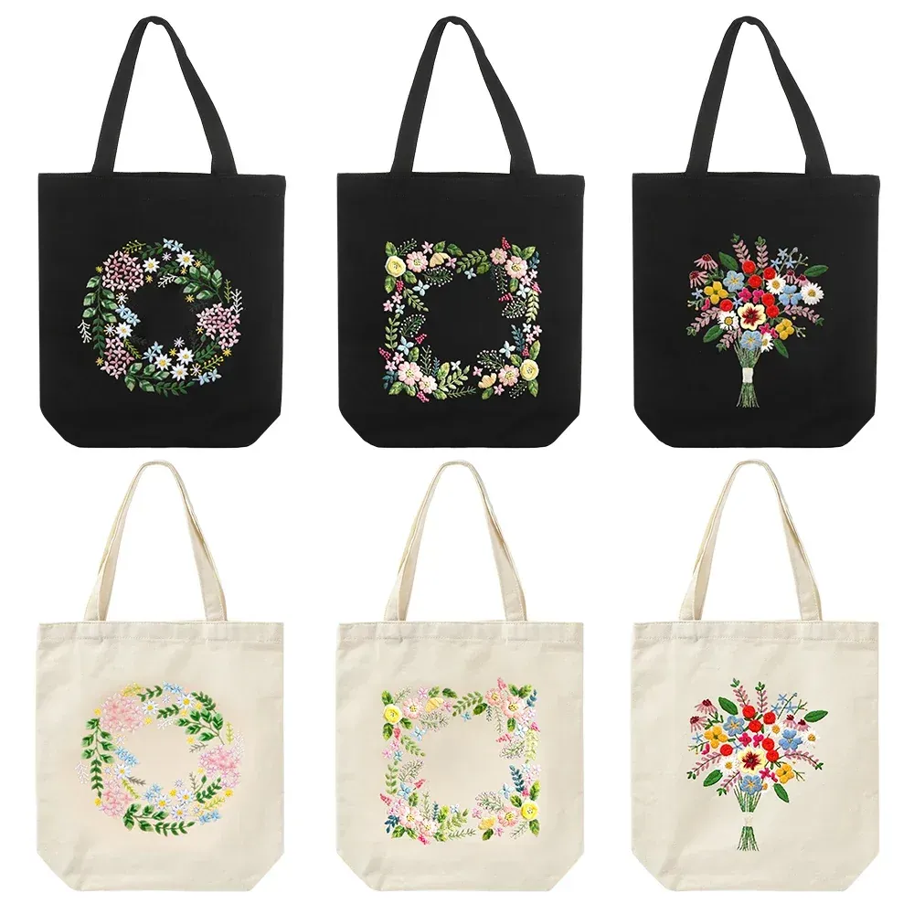 Kit de broderie débutant, sac en toile à motif fleurs : vue 1