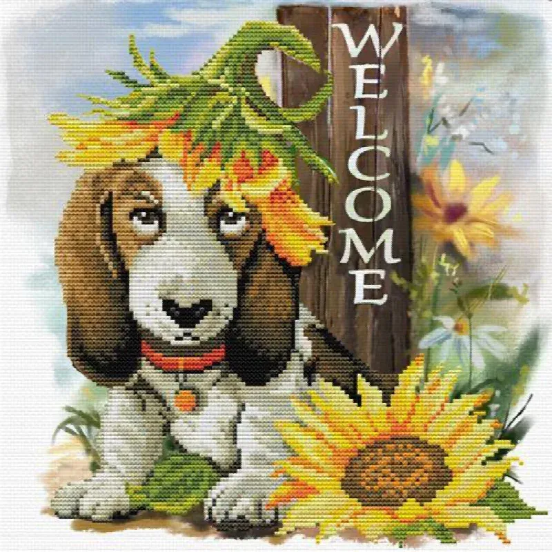 Kit point de croix no count chien aux tournesols, 30 x 30 cm