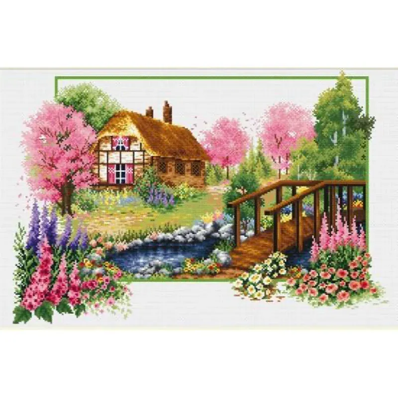 Kit point de croix le cottage au printemps, 47 x 32 cm