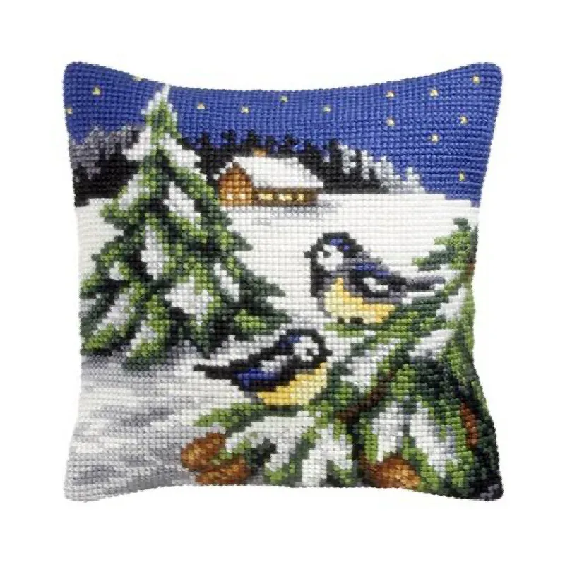 Kit point de croix coussin deux oiseaux sous la neige