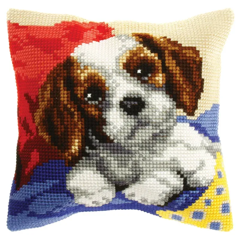 Kit point de croix coussin petit chiot bleu, 40 x 40 cm