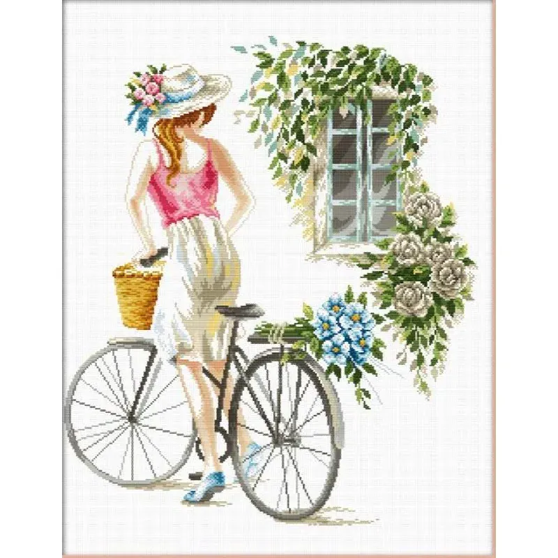 Kit point de croix jeune fille à vélo, 43 x 51 cm