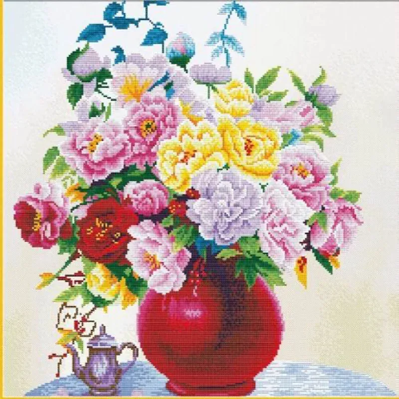 Kit point de croix no count vase aux roses trémières