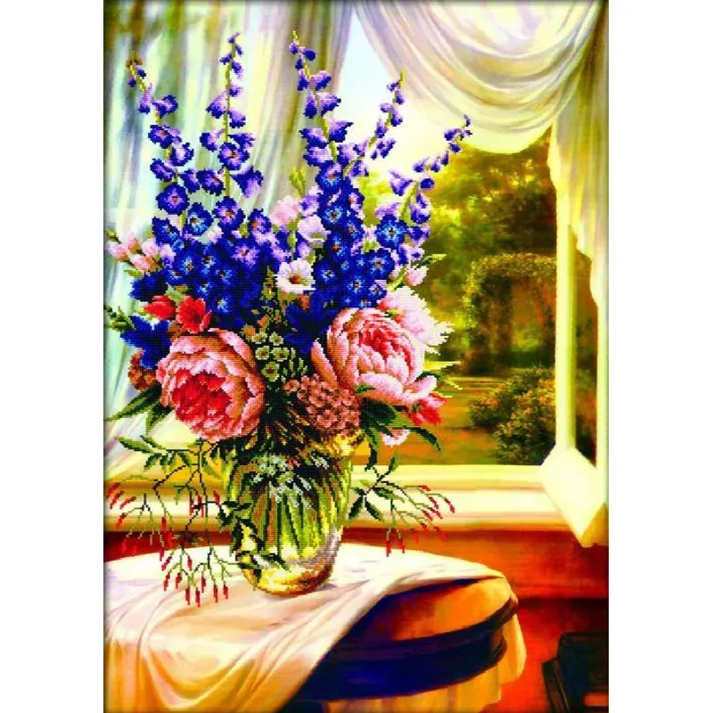 Kit point de croix vase près de la fenêtre, 59 x 83 cm