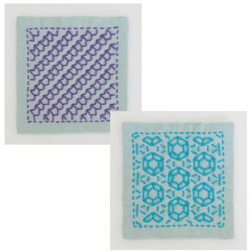 Kit sashiko 2 carrés à broder bleu et mauve : vue 1