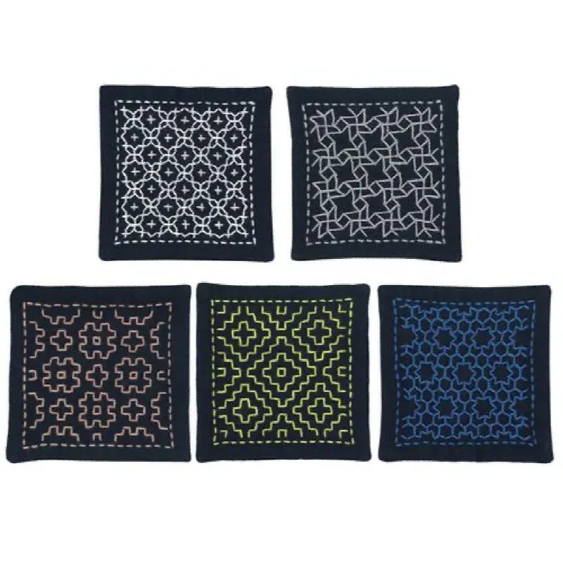 Kit sashiko 5 carrés à broder bleu blanc jaune : vue 1