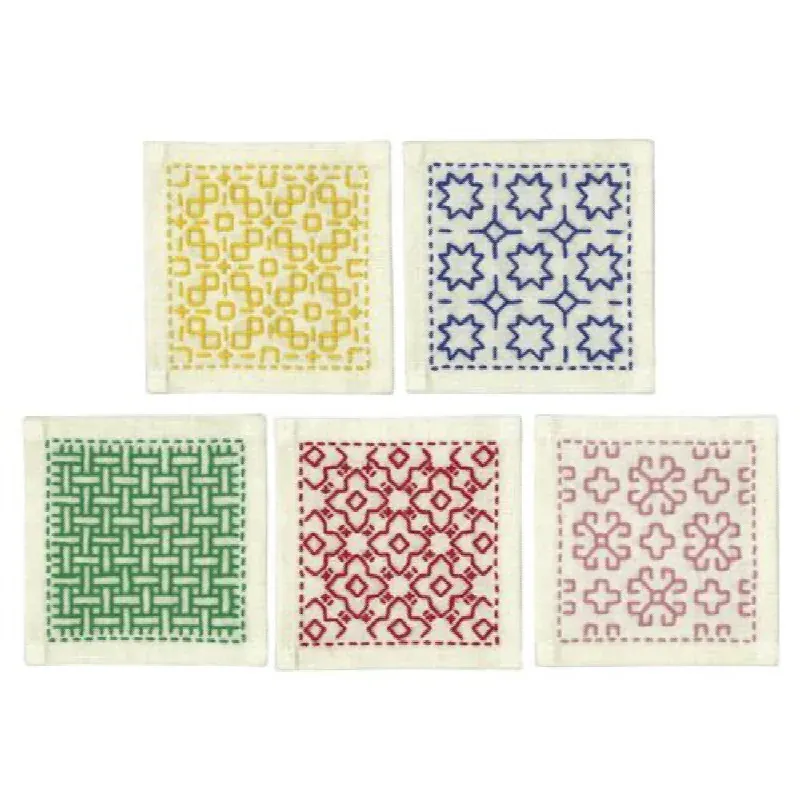 Kit sashiko 5 carrés à broder colorés, 10 x 10 cm : vue 1