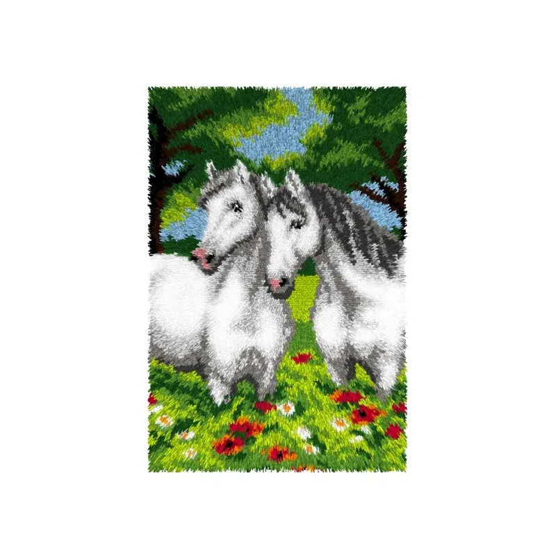Kit tapis point noué duo de chevaux blancs, 50 x 75 cm : vue 1