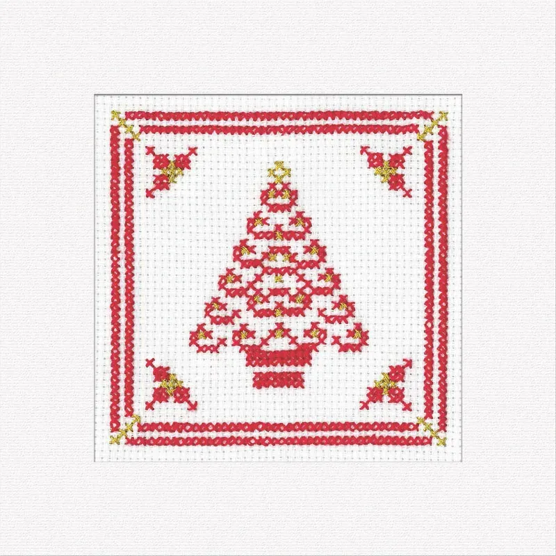 Lot de 3 cartes de Noël au point de croix, arbre rouge