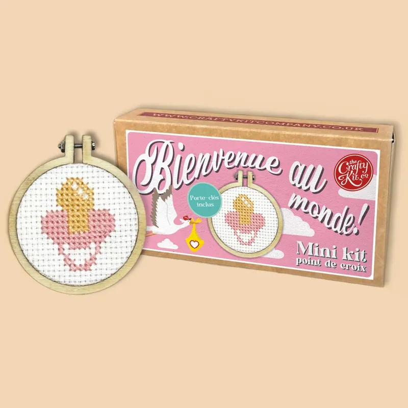 Mini kit point de croix bienvenue au monde rose