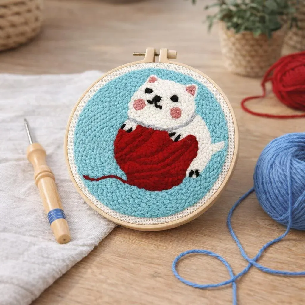 Kit punch needle chat avec pelote de laine