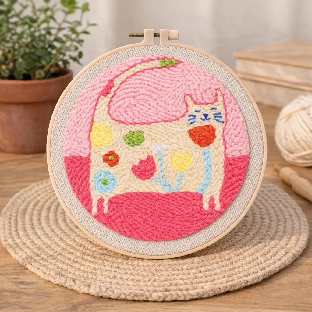 Kit punch needle chat fleuri en relief doux