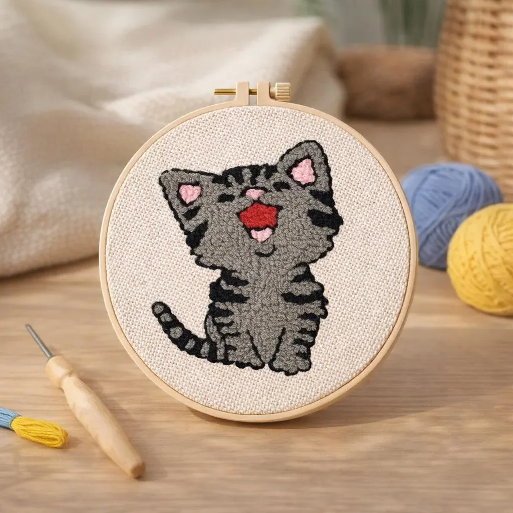 Kit punch needle Chat rieur en cadre rond