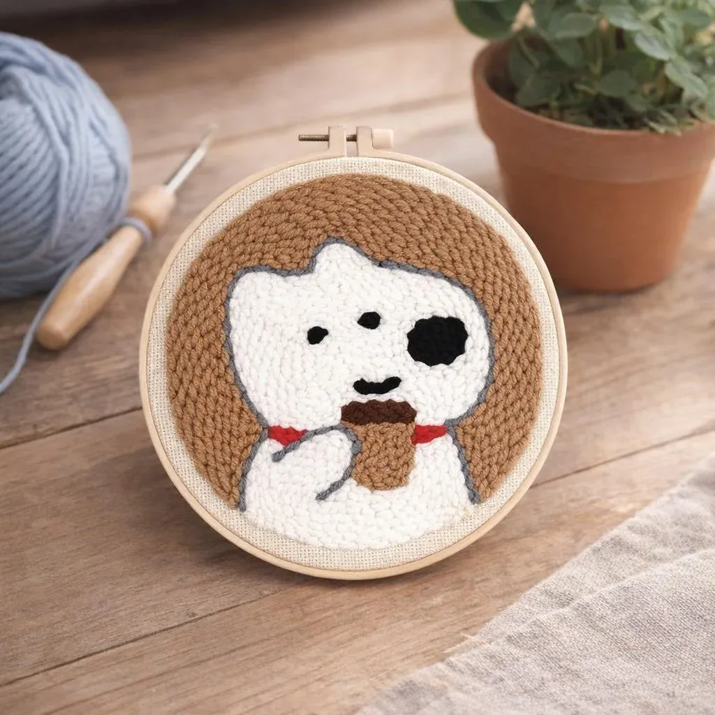 Kit punch needle chien blanc et café en relief