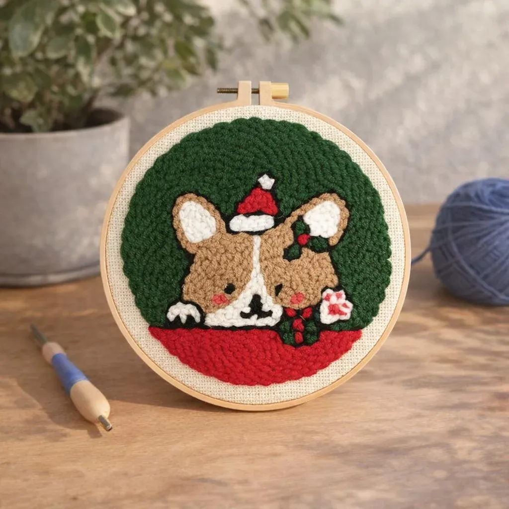 Kit punch needle chien au bonnet de Noël