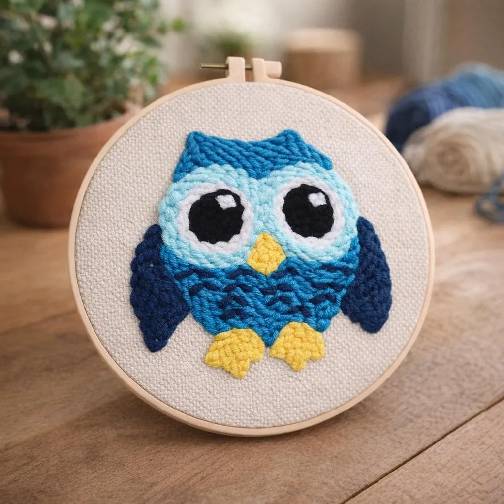 Kit punch needle chouette bleue en cadre rond