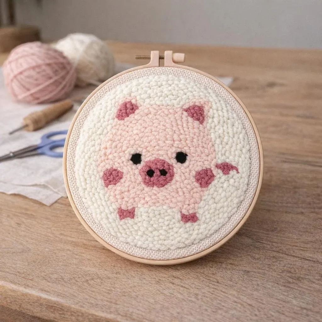 Kit punch needle cochon rose au relief doux