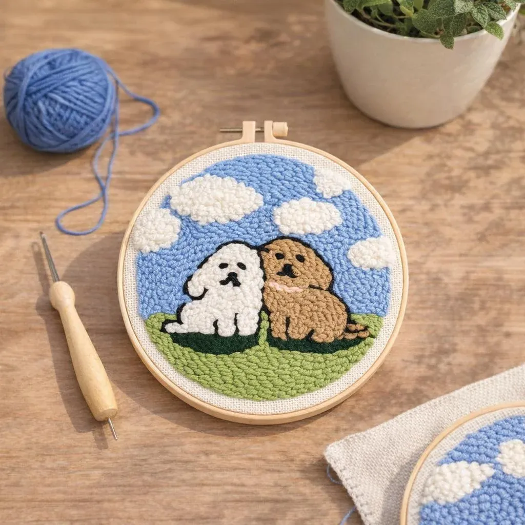 Kit punch needle duo de chiens en relief mural