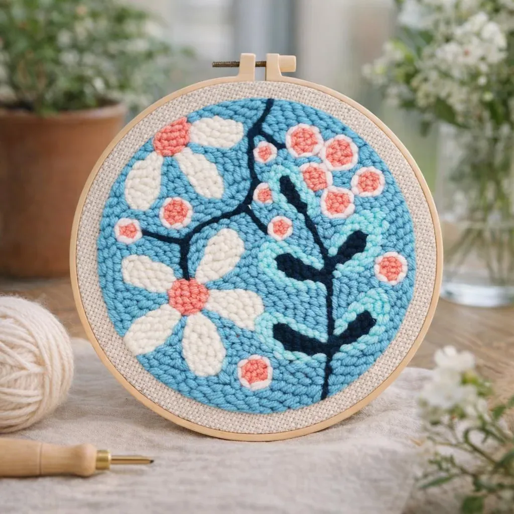 Kit punch needle fleurs blanches en relief