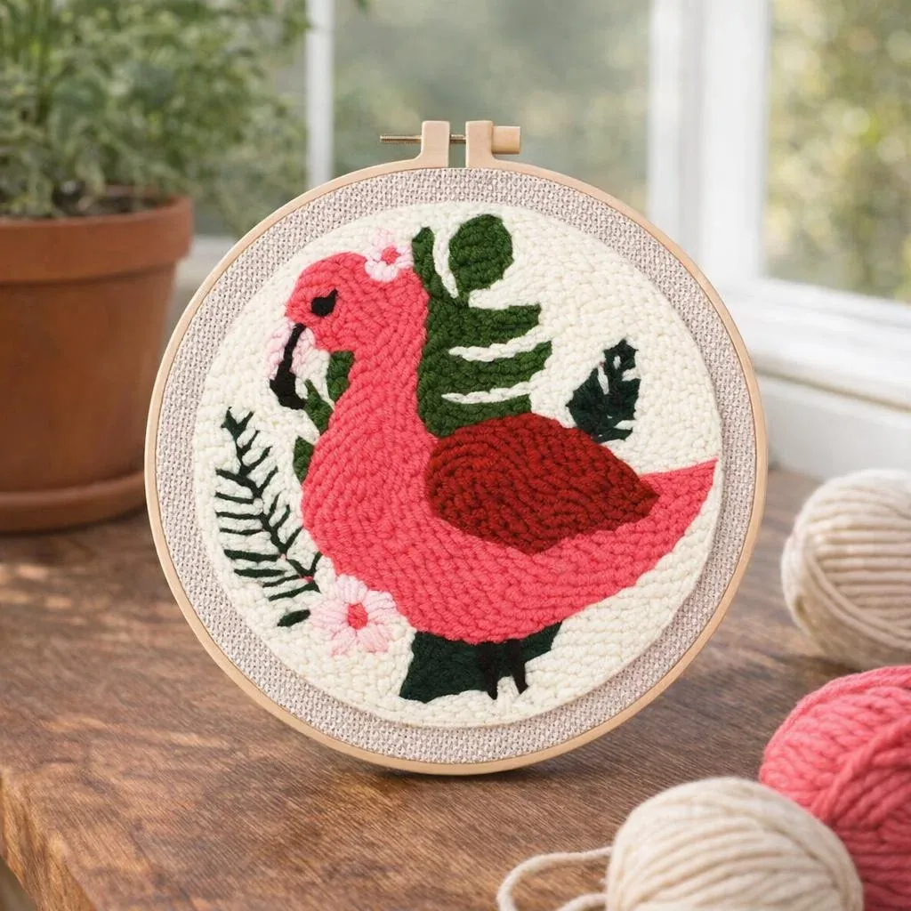 Kit punch needle flamant rose et feuillage