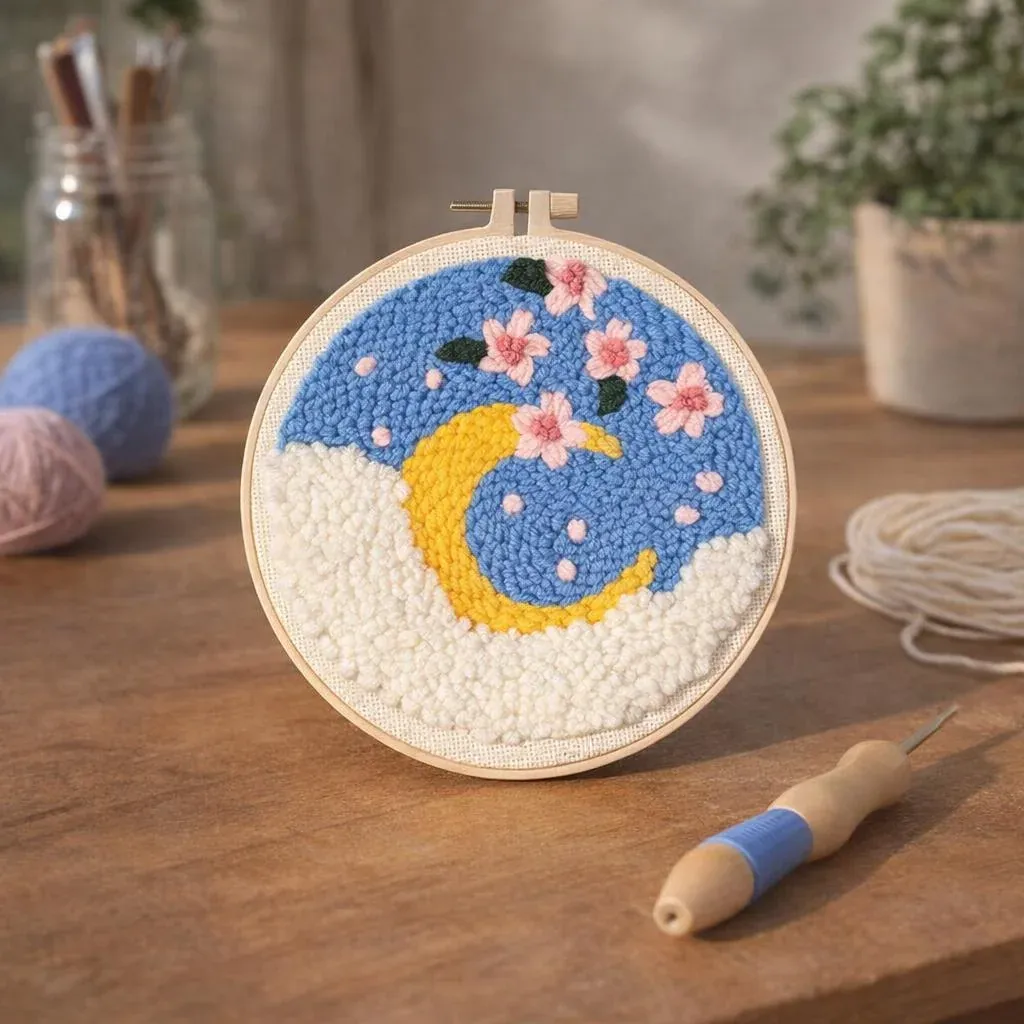 Kit punch needle fleurs de cerisiers et lune
