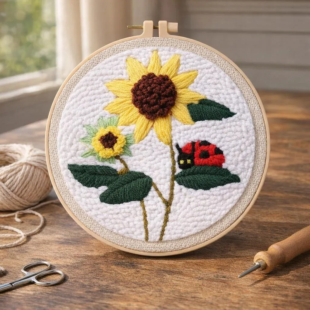 Kit punch needle fleurs et coccinelle mural