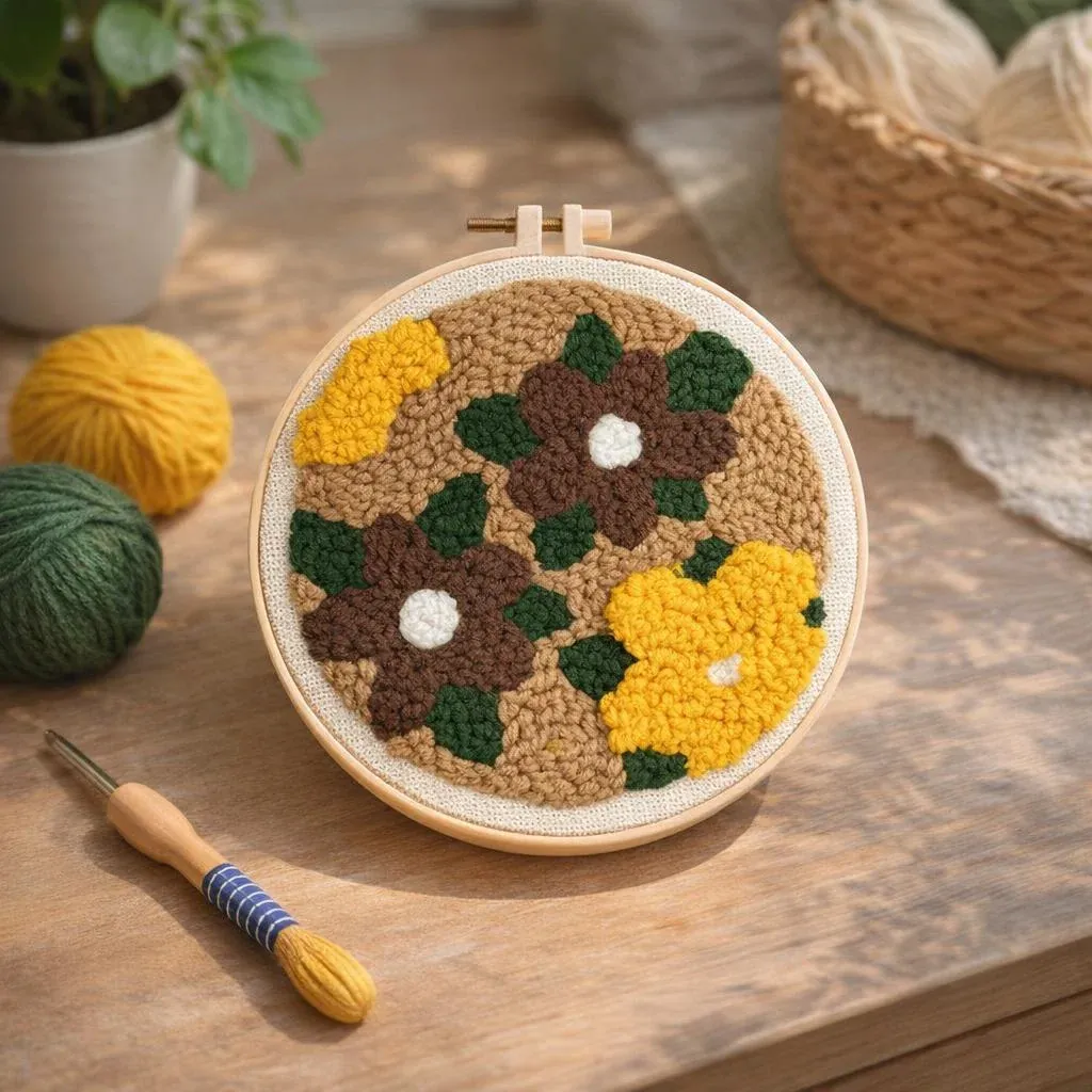 Kit punch needle fleurs jaunes et brunes