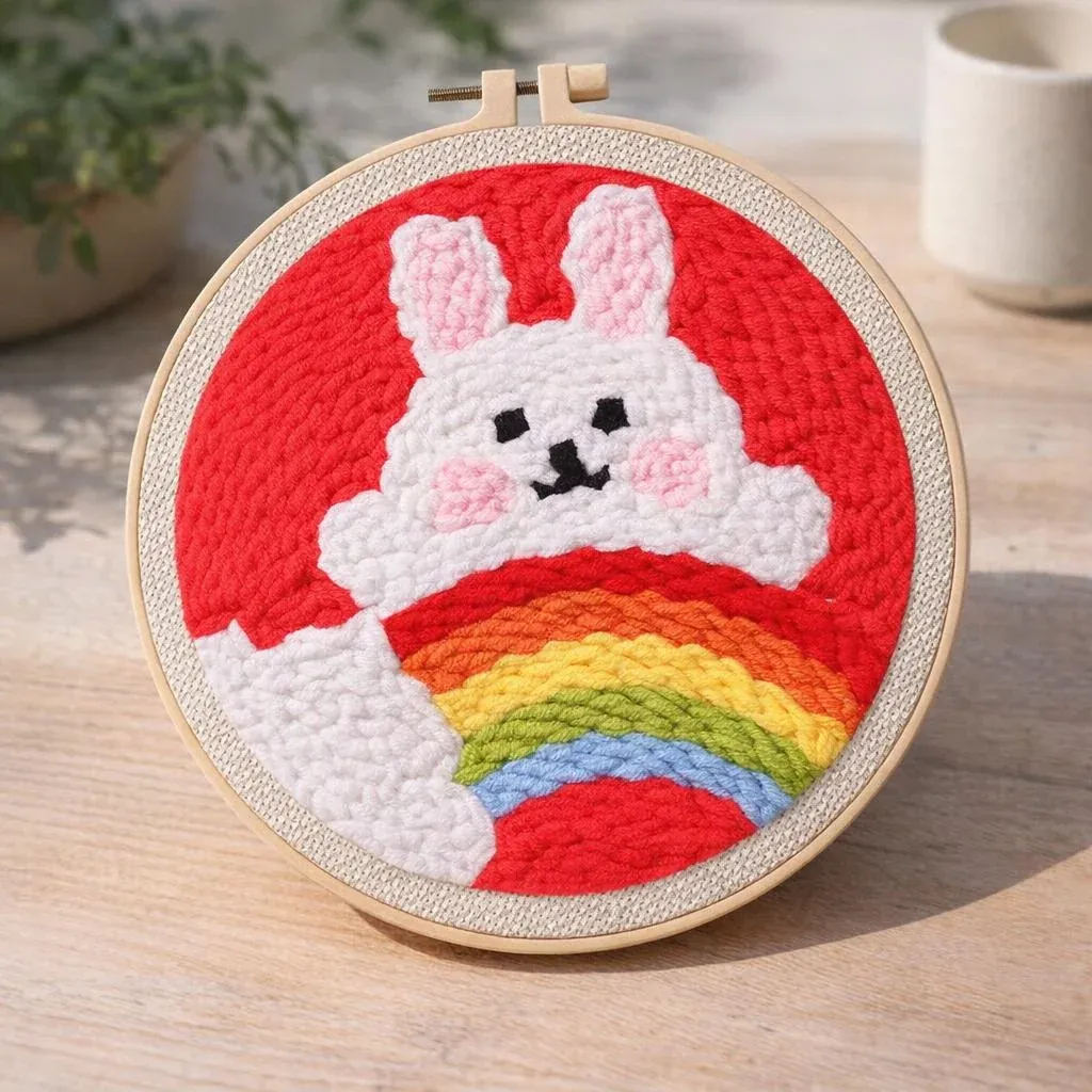 Kit punch needle lapin doux sous arc-en-ciel