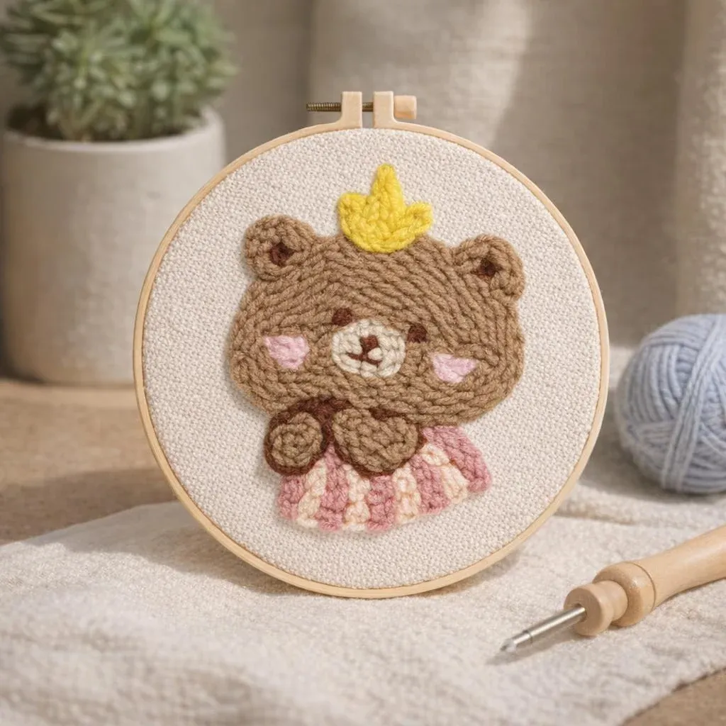Kit punch needle ours brun en cadre circulaire