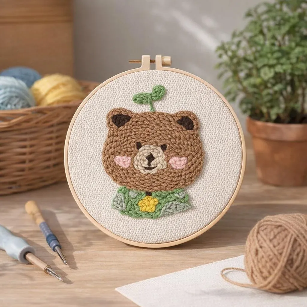 Kit punch needle ours brun en cadre rond