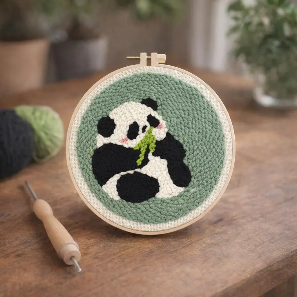 Kit punch needle panda en tableau mural rond