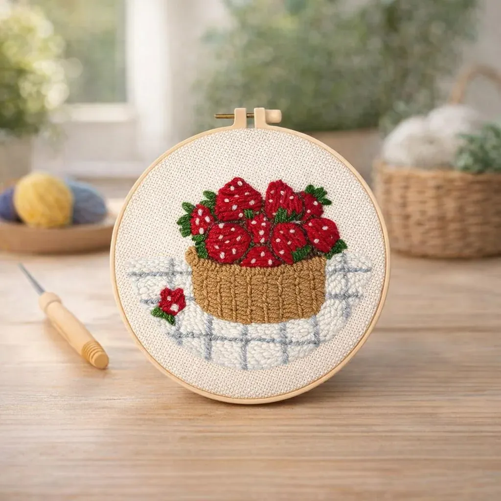 Kit punch needle panier de fraises en relief