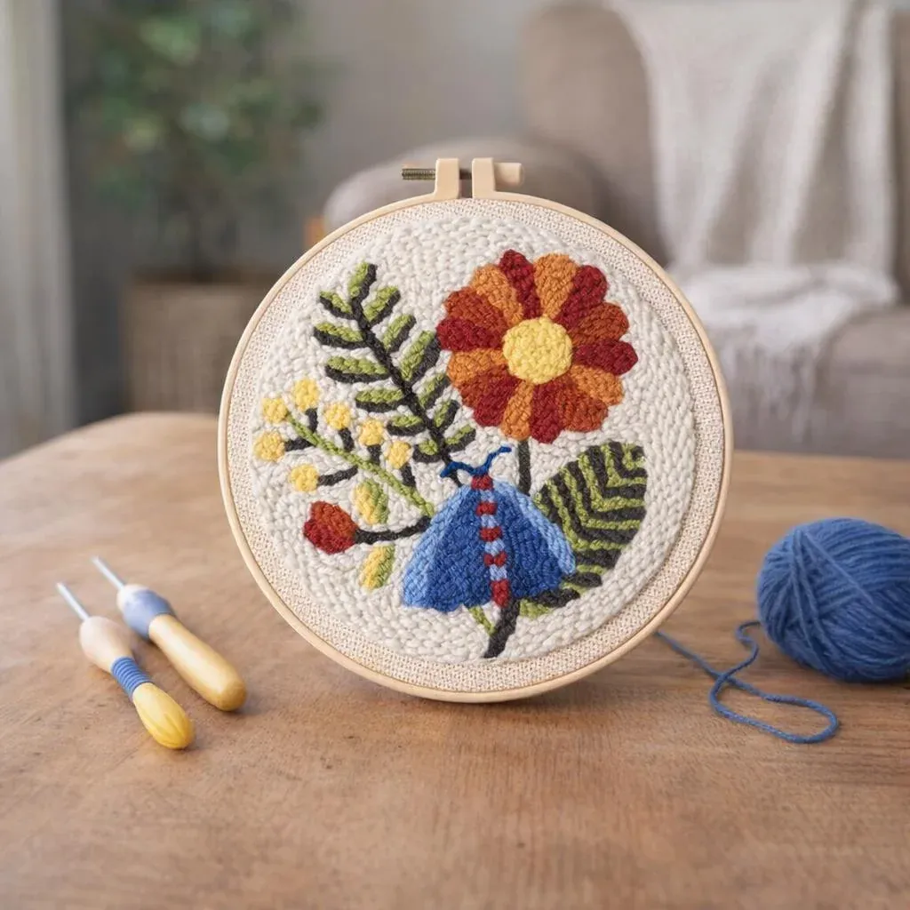 Kit punch needle papillon bleu et fleurs