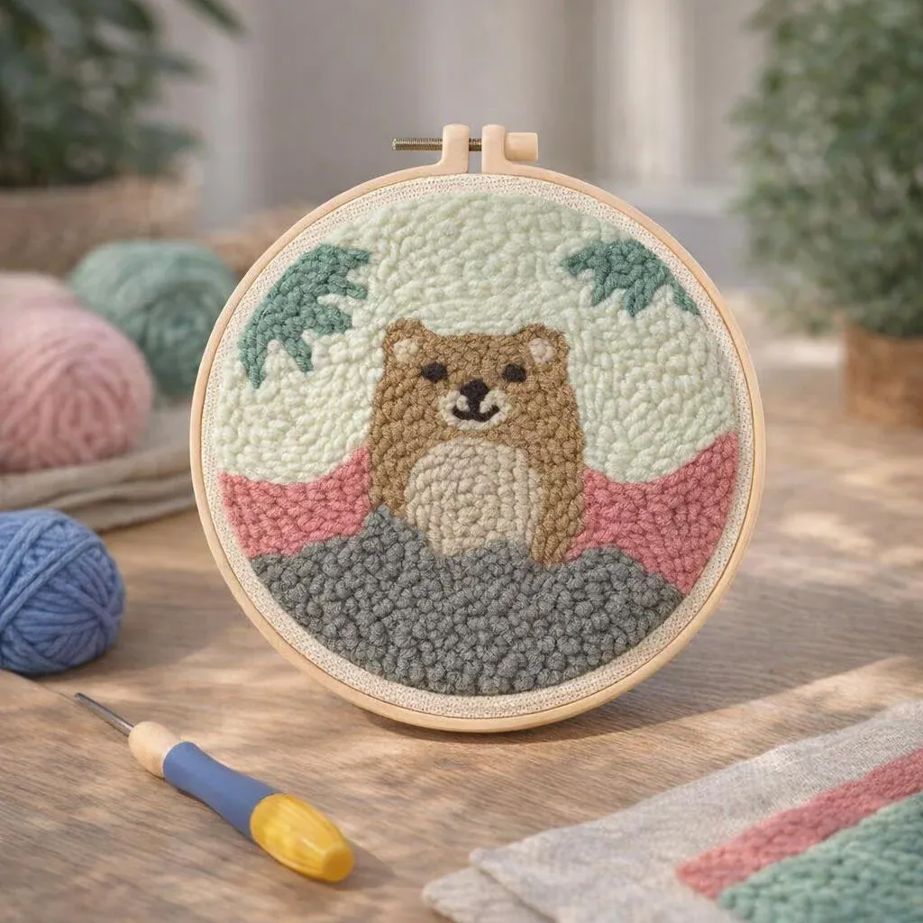 Kit punch needle petit ours en cadre mural