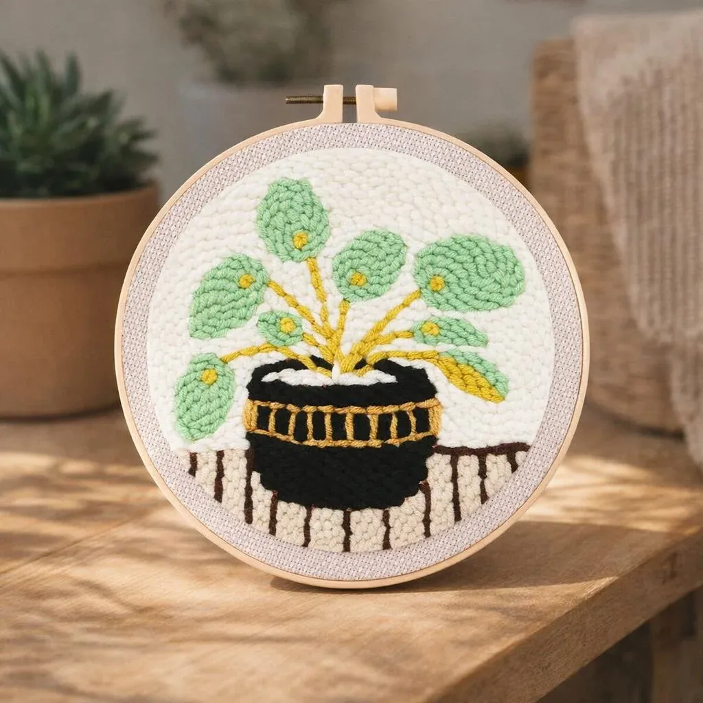 Kit punch needle plante et pot noir en relief